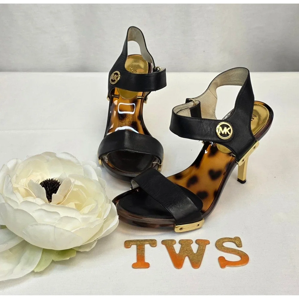 Michael Kors Black Leather Tortoise Shell Gold Stiletto Sandals Heels Womens